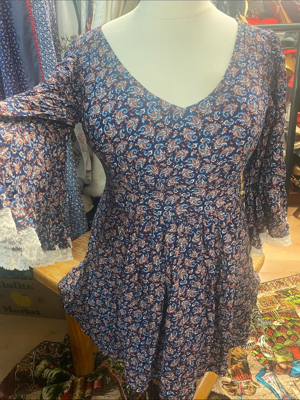 Modcloth Navy Paisley Peasant Babydoll mini dress /top  with Lace Trim - L/XL